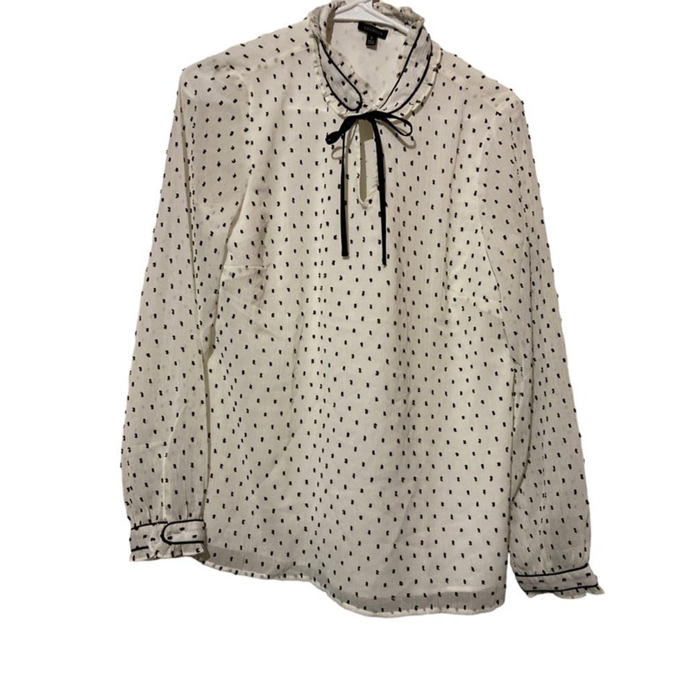 Talbots Blouse Women's S Ivory Polka Dot Long Sleeve Button Cuff Mock Neck Bow